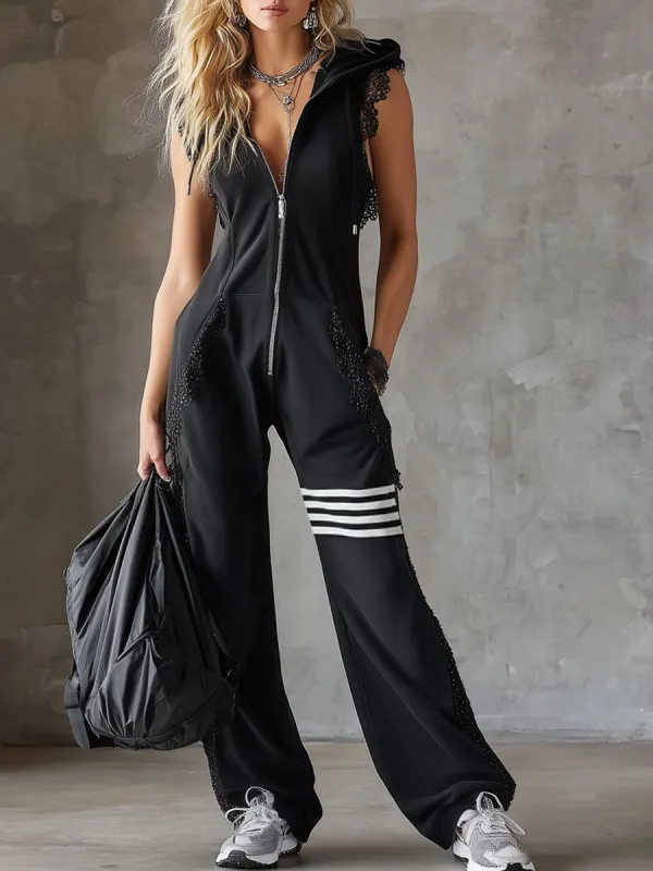 Sporty Retro Lace Striped Black Sleeveless Hooded Jumpsuit made by Oyrosy