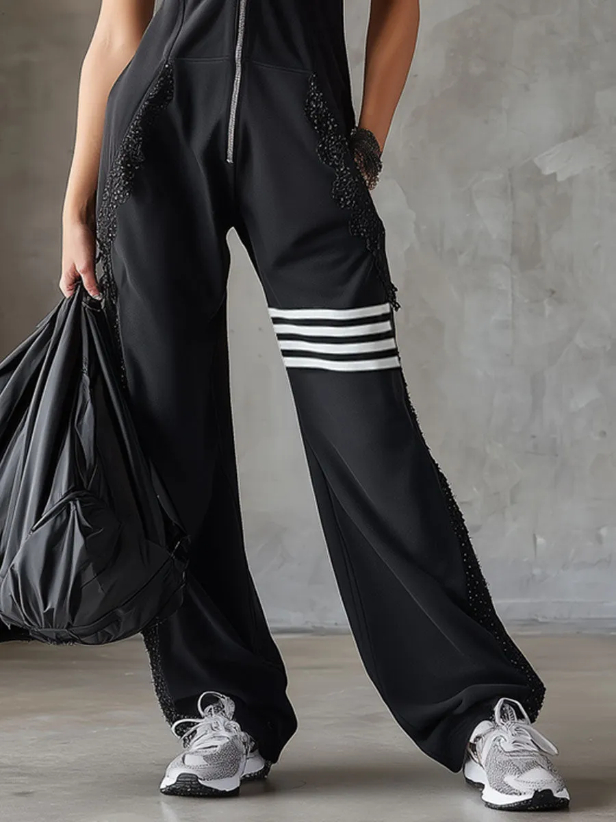 Sporty Retro Lace Striped Black Sleeveless Hooded Jumpsuit sold by Oyrosy product image thumbnail 5