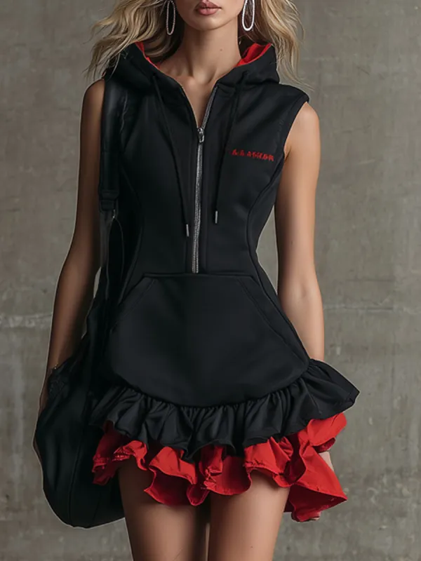 Sporty Retro Embroidered Red Ruffled Black Sleeveless Hooded Mini Dress sold by Oyrosy