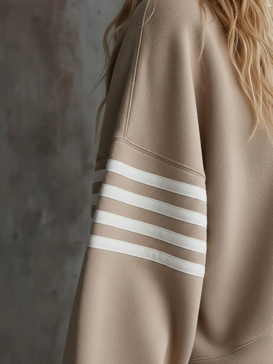 Sporty Retro Striped Light Khaki Long-Sleeve Polo Sweatshirt And Skirt Set sold by Oyrosy product image thumbnail 4