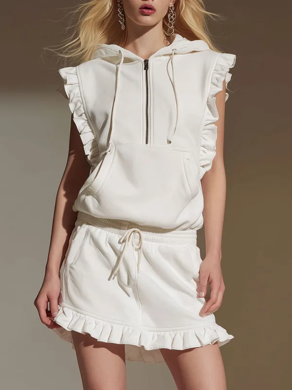 Stylish Sporty White Hooded Sleeveless Ruffled Sweatshirt And Skirt Set sold by Oyrosy