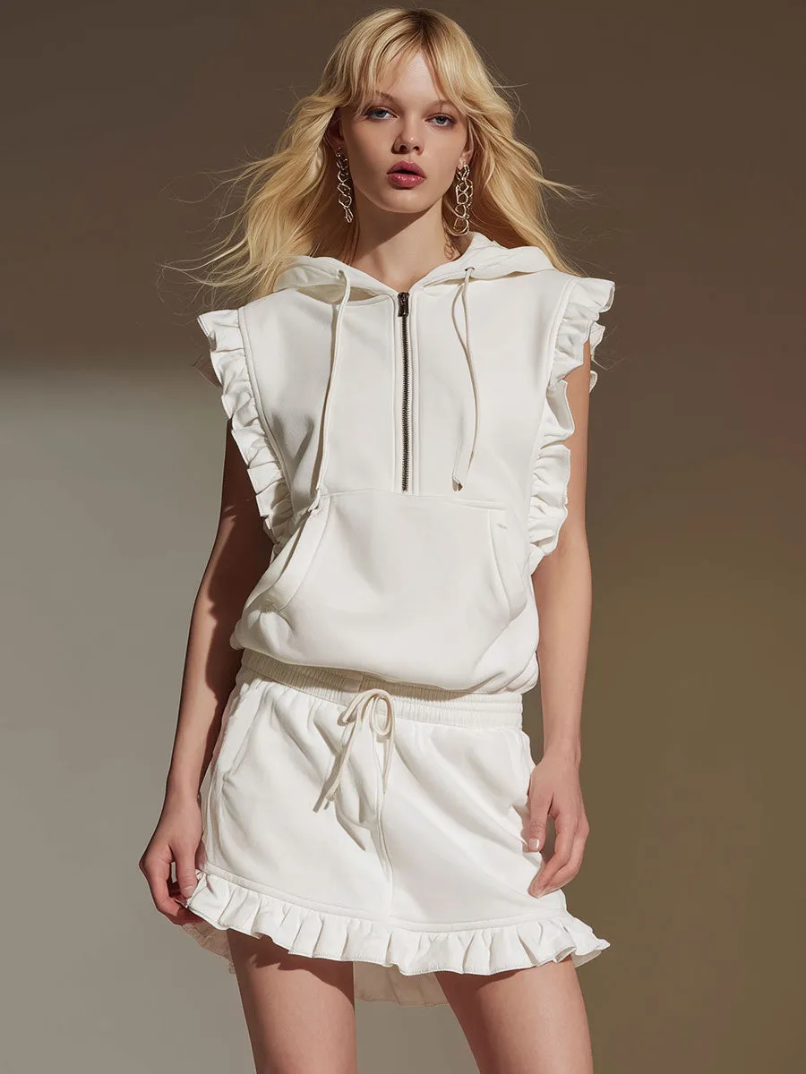 Stylish Sporty White Hooded Sleeveless Ruffled Sweatshirt And Skirt Set sold by Oyrosy product image thumbnail 2