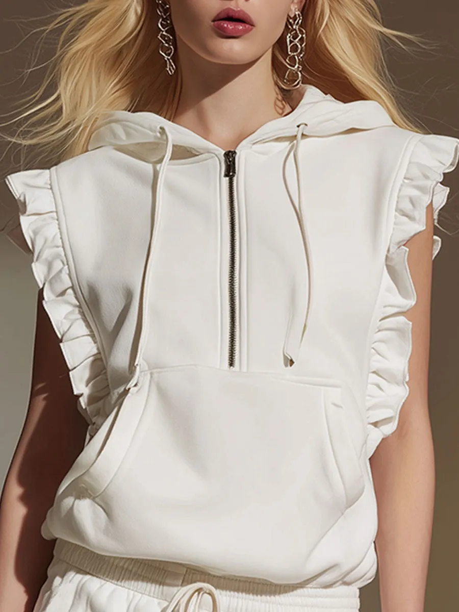 Stylish Sporty White Hooded Sleeveless Ruffled Sweatshirt And Skirt Set sold by Oyrosy product image thumbnail 4