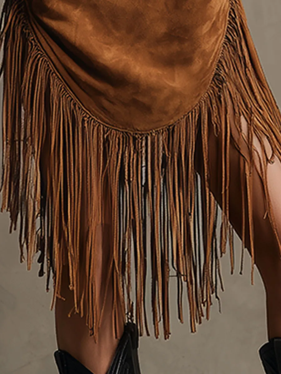 Western Retro Tassel Caramel Brown Round Neck Sleeveless Midi Dress sold by Oyrosy product image thumbnail 4