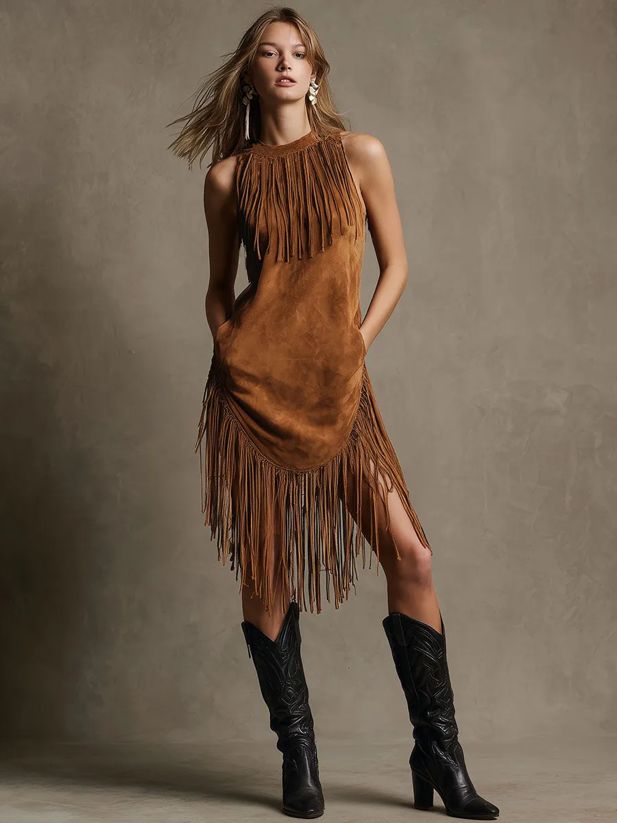 Western Retro Tassel Caramel Brown Round Neck Sleeveless Midi Dress sold by Oyrosy product image thumbnail 2