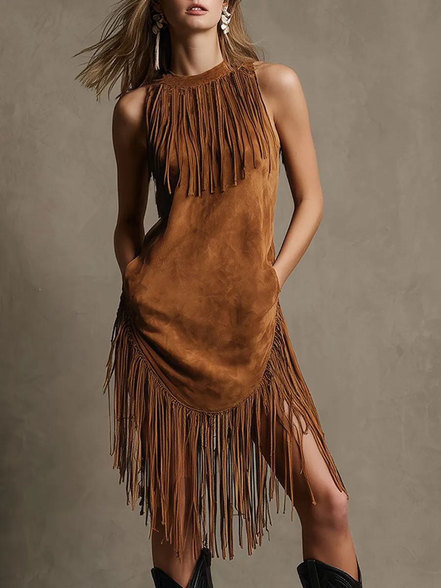Western Retro Tassel Caramel Brown Round Neck Sleeveless Midi Dress sold by Oyrosy
