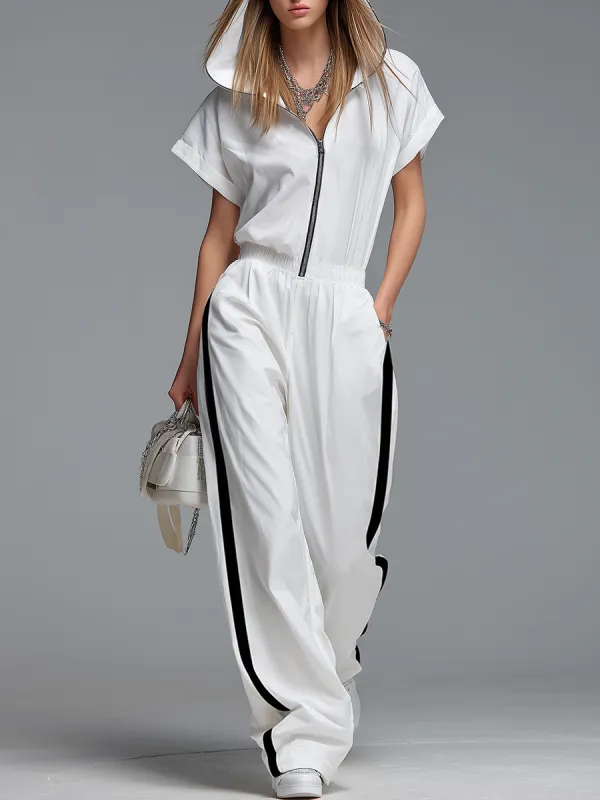 Casual And Comfortable Hooded Zip-up Short-sleeved Jumpsuit made by Oyrosy