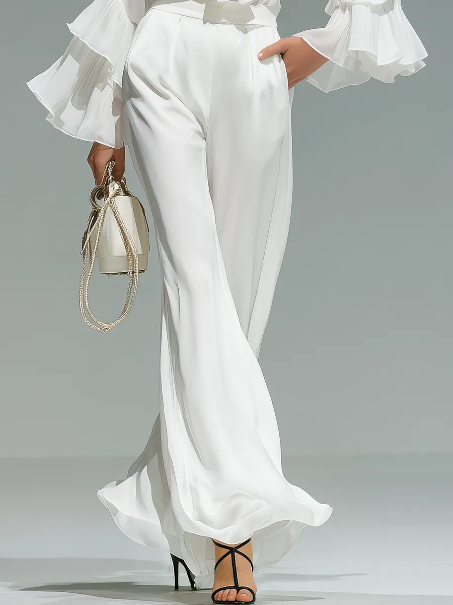 Stylish And Elegant V-neck Ruffled Flared Long-sleeved Top And Trousers Chiffon Set sold by Oyrosy product image thumbnail 4