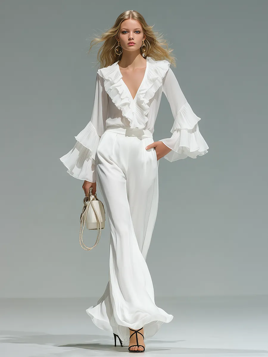 Stylish And Elegant V-neck Ruffled Flared Long-sleeved Top And Trousers Chiffon Set sold by Oyrosy product image thumbnail 2