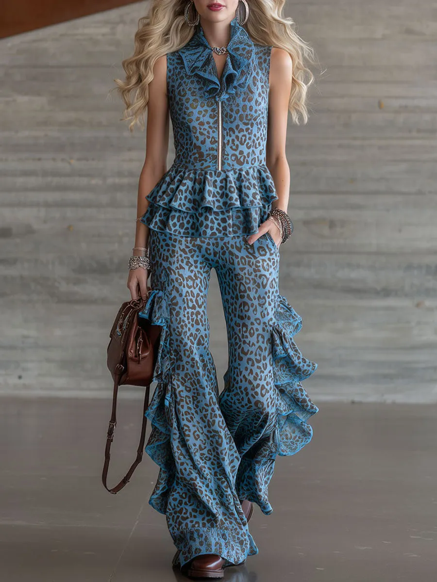 Retro Resort Leopard Print Blue Chiffon Sleeveless Ruffled Top And Flared Pants Set sold by Oyrosy