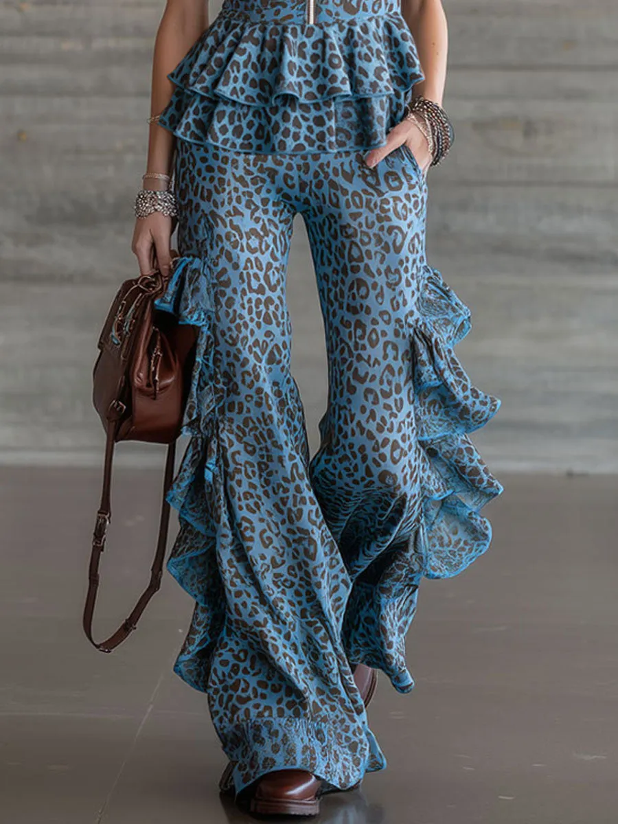 Retro Resort Leopard Print Blue Chiffon Sleeveless Ruffled Top And Flared Pants Set sold by Oyrosy product image thumbnail 4