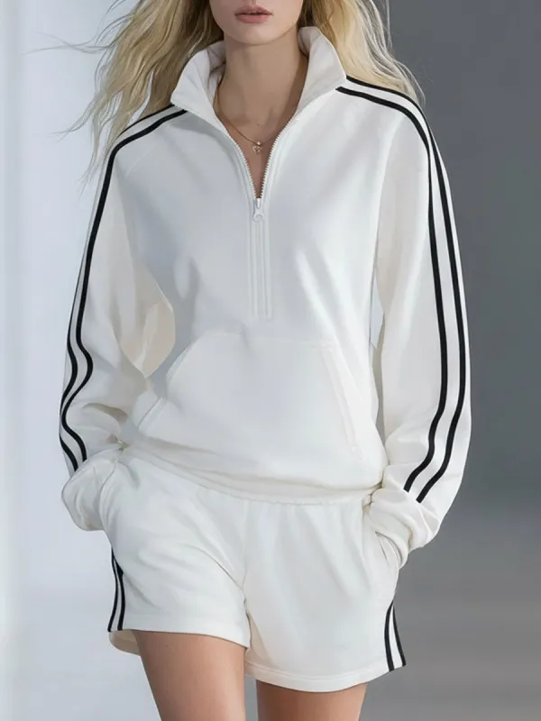 Stand-collar Zip-up Color-blocked Long-sleeved Top And Shorts Set sold by Oyrosy