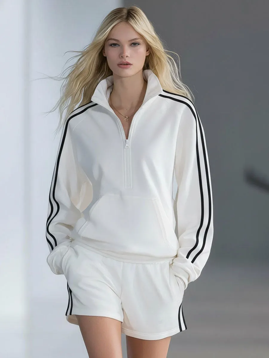 Stand-collar Zip-up Color-blocked Long-sleeved Top And Shorts Set sold by Oyrosy product image thumbnail 4