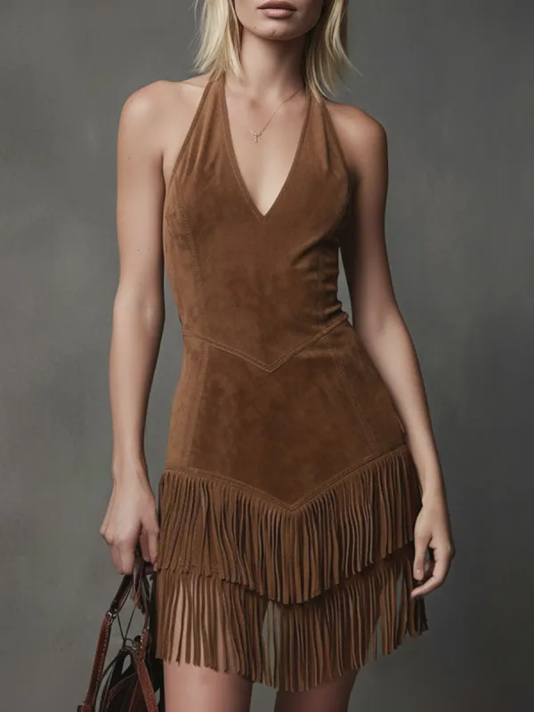 Halter Neck V-neck Faux Suede Fringed Sleeveless Mini Dress sold by Oyrosy