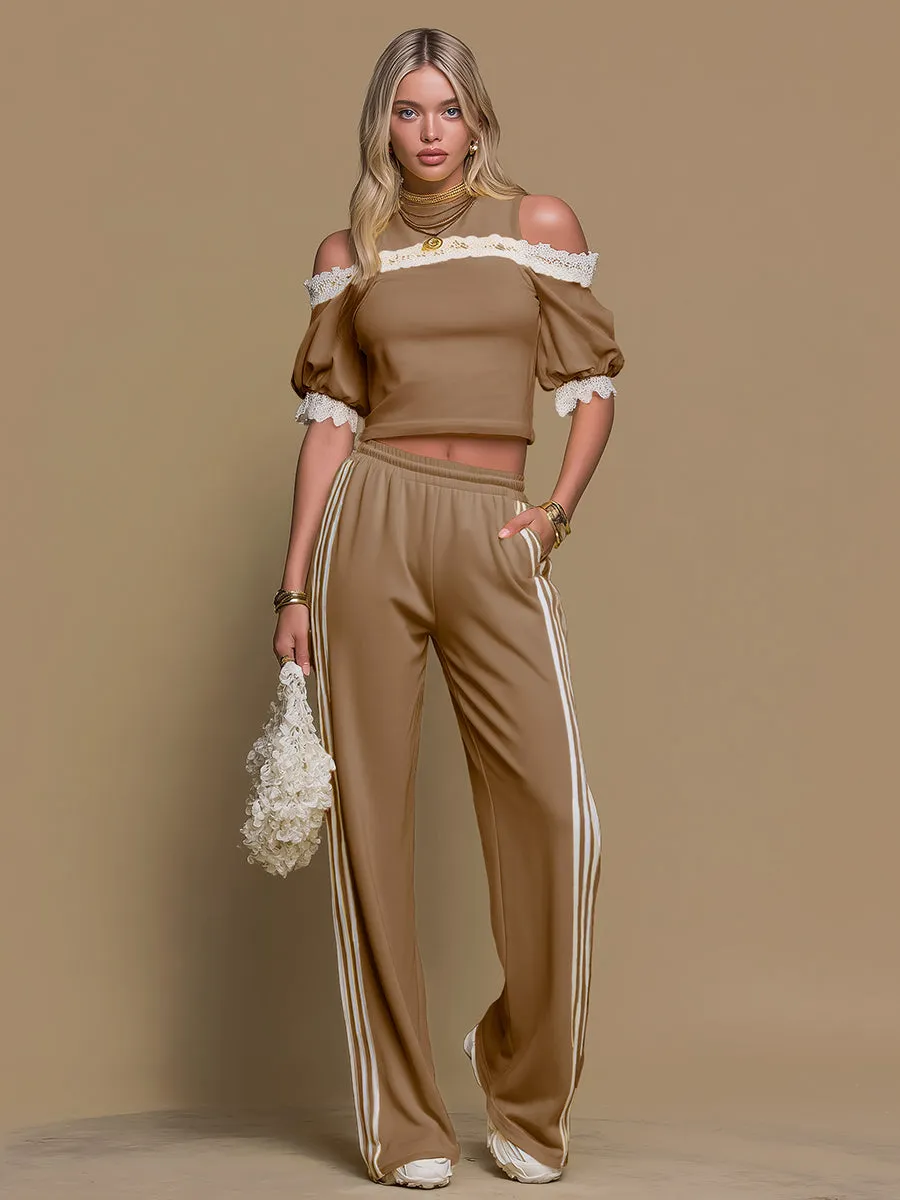 Sporty Retro Off-the-shoulder Short-sleeved T-shirt And Wide-leg Pants Set sold by Oyrosy product image thumbnail 2