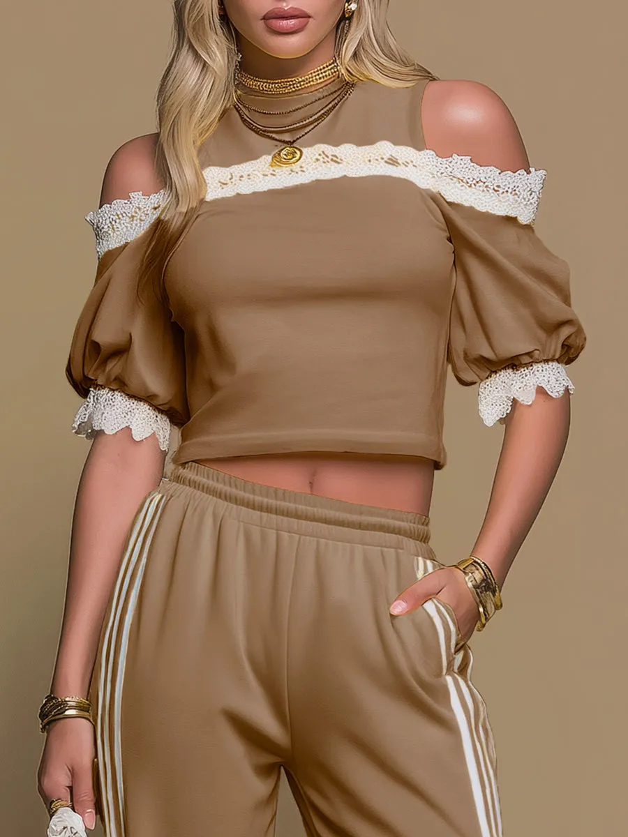 Sporty Retro Off-the-shoulder Short-sleeved T-shirt And Wide-leg Pants Set sold by Oyrosy product image thumbnail 3