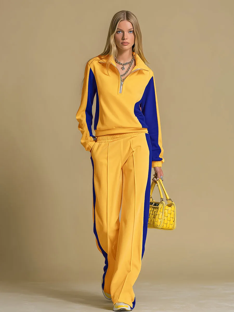 Retro Sporty Color-blocked Long-sleeved Sweatshirt And Wide-leg Pants Set sold by Oyrosy product image thumbnail 2