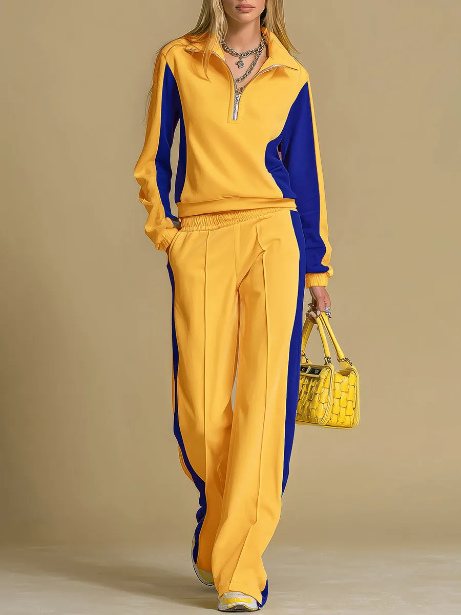 Retro Sporty Color-blocked Long-sleeved Sweatshirt And Wide-leg Pants Set sold by Oyrosy