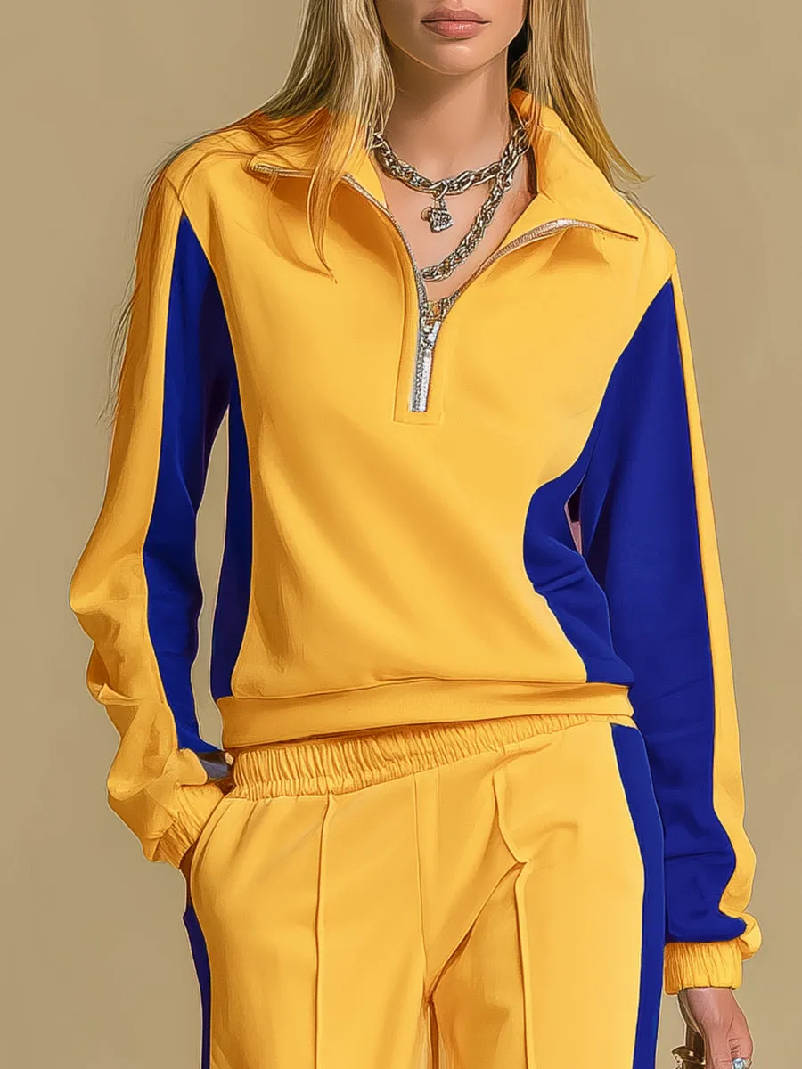 Retro Sporty Color-blocked Long-sleeved Sweatshirt And Wide-leg Pants Set sold by Oyrosy product image thumbnail 3