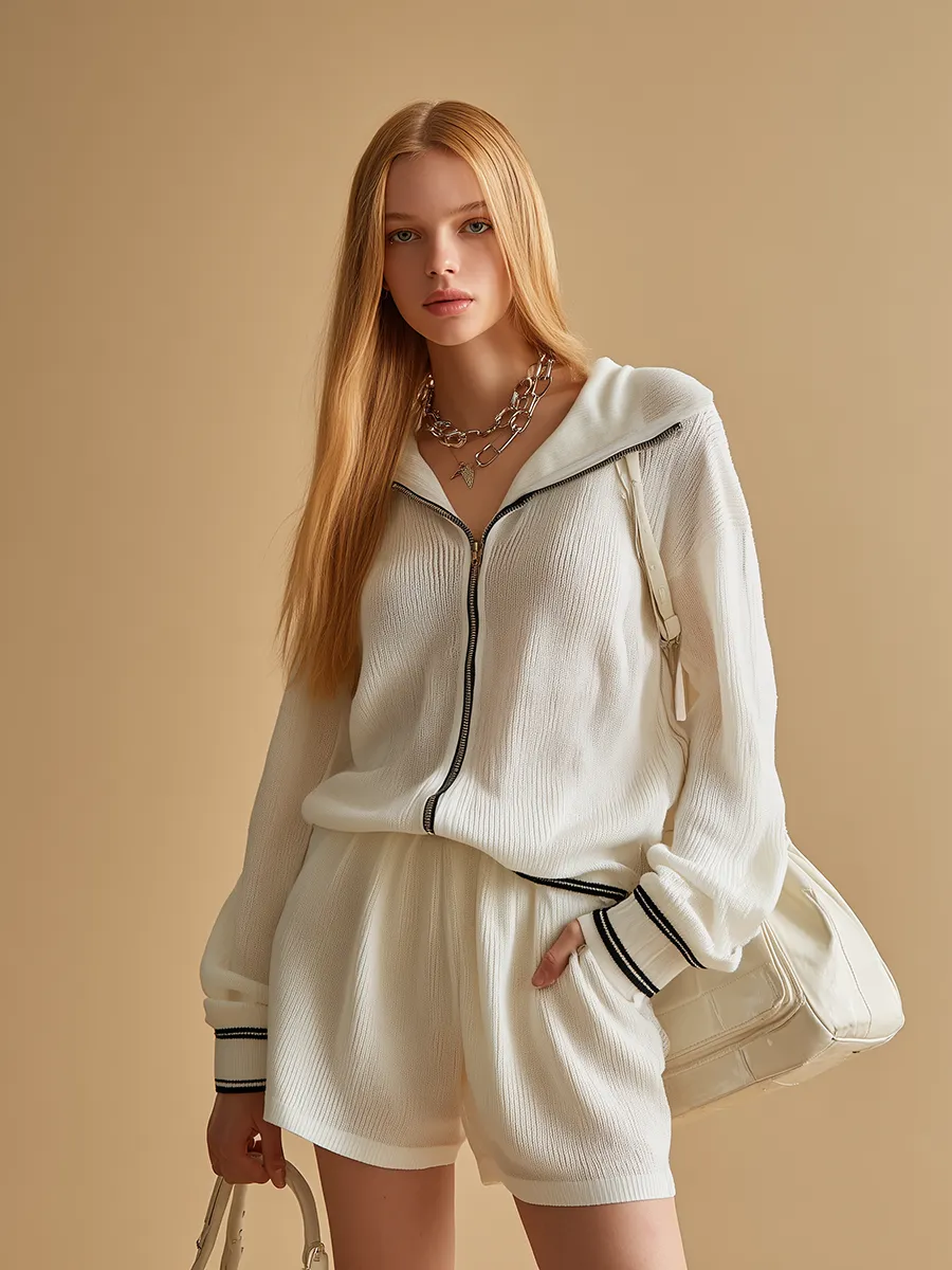 Stylish Sporty Retro Hooded Knit Top And Knit Shorts Set sold by Oyrosy product image thumbnail 2