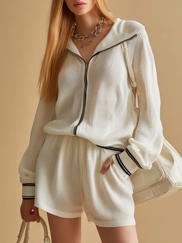 Stylish Sporty Retro Hooded Knit Top And Knit Shorts Set made by Oyrosy