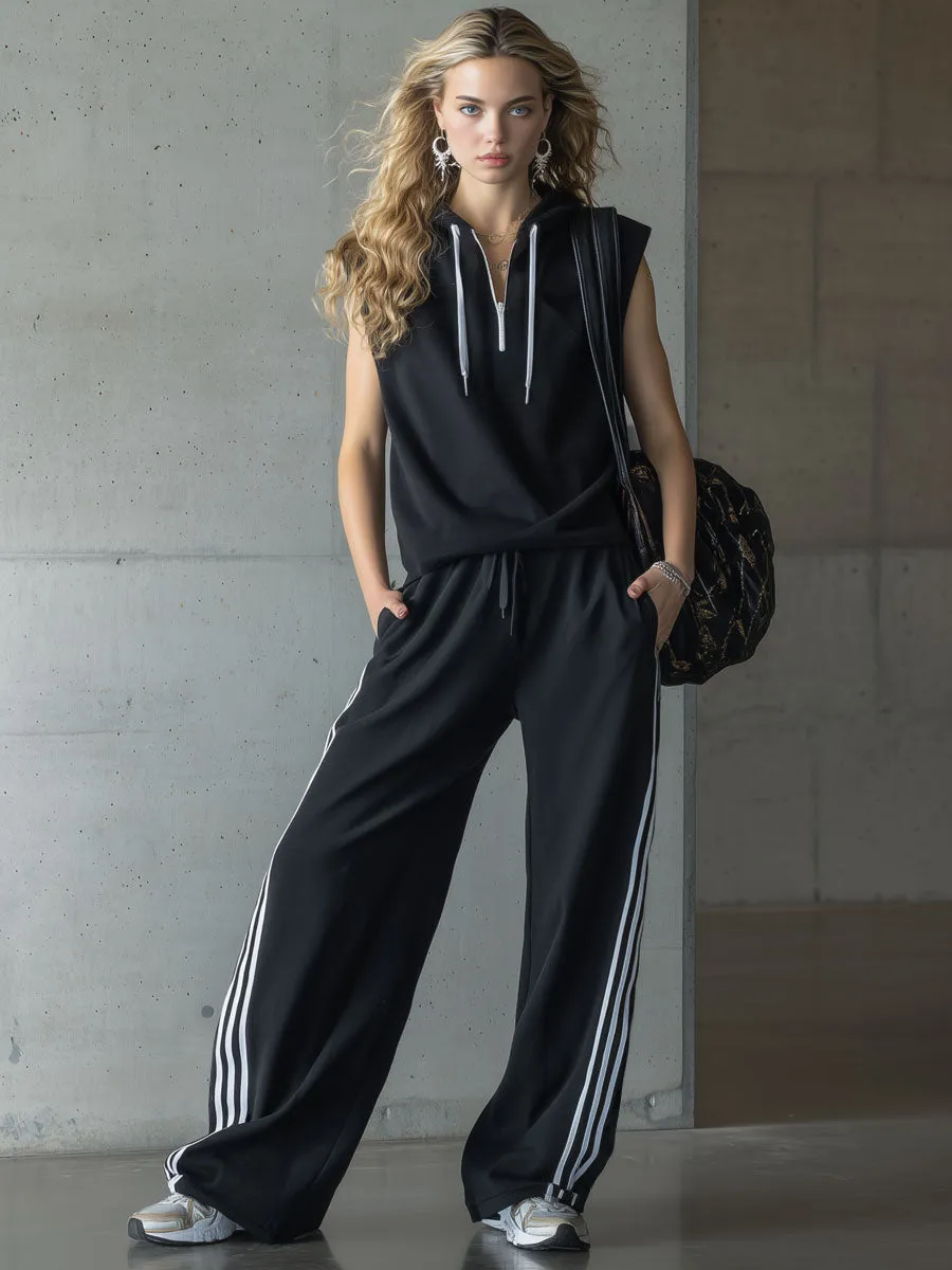 Sporty Retro Three-stripe Black Sleeveless Hooded Sweatshirt And Wide-leg Pants Set sold by Oyrosy product image thumbnail 2