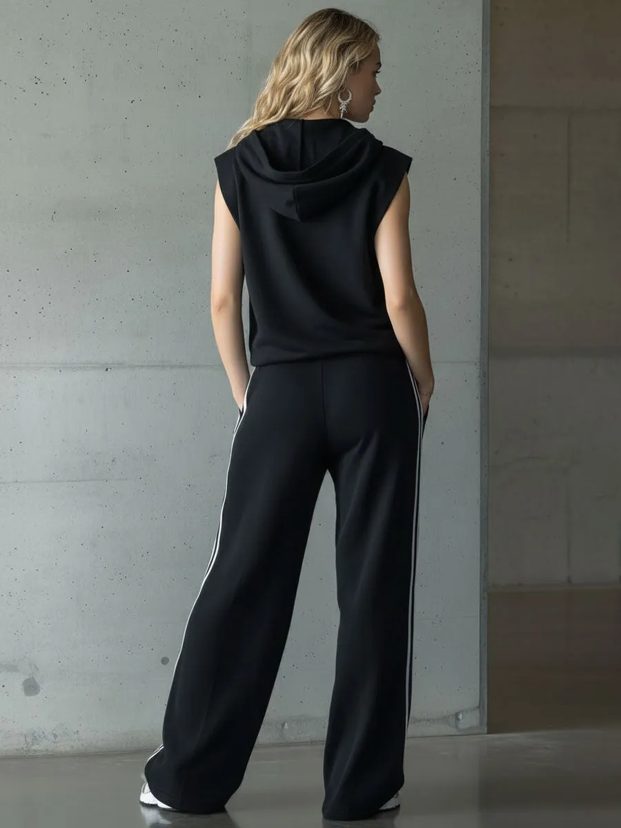 Sporty Retro Three-stripe Black Sleeveless Hooded Sweatshirt And Wide-leg Pants Set sold by Oyrosy product image thumbnail 3