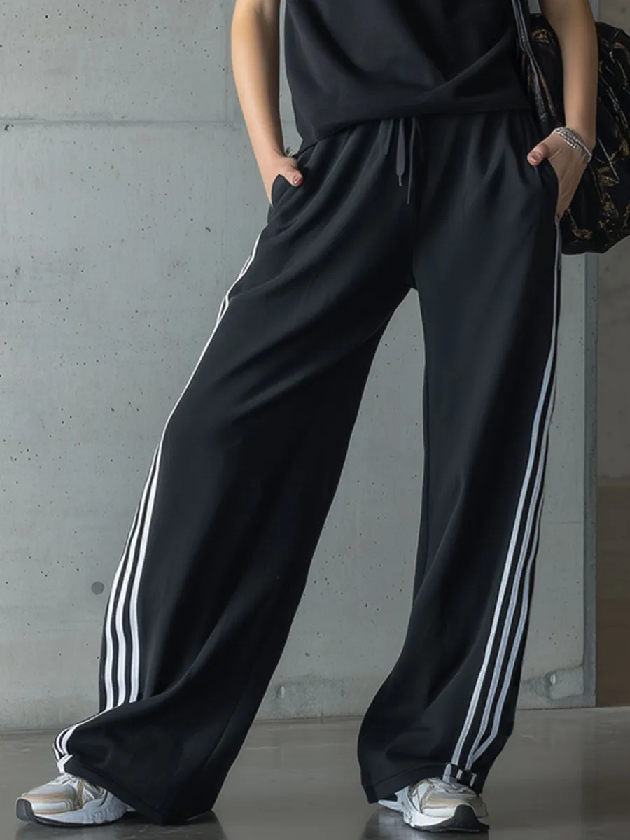 Sporty Retro Three-stripe Black Sleeveless Hooded Sweatshirt And Wide-leg Pants Set sold by Oyrosy product image thumbnail 5