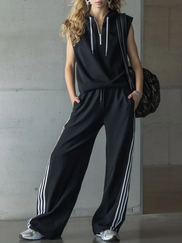 Sporty Retro Three-stripe Black Sleeveless Hooded Sweatshirt And Wide-leg Pants Set sold by Oyrosy