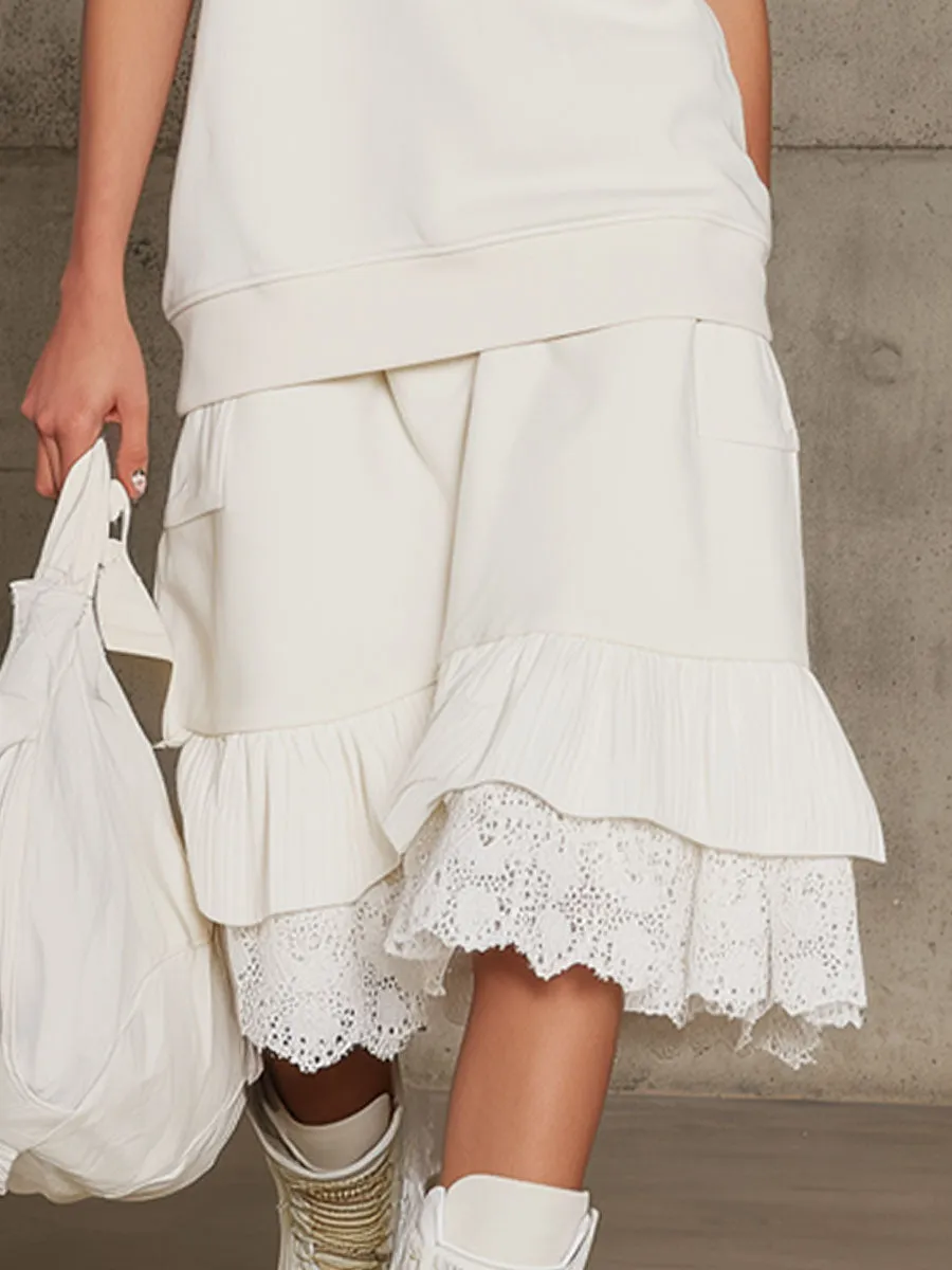 Sporty Retro White Sleeveless Sweatshirt With Lace Ruffled Skirt Set sold by Oyrosy product image thumbnail 4