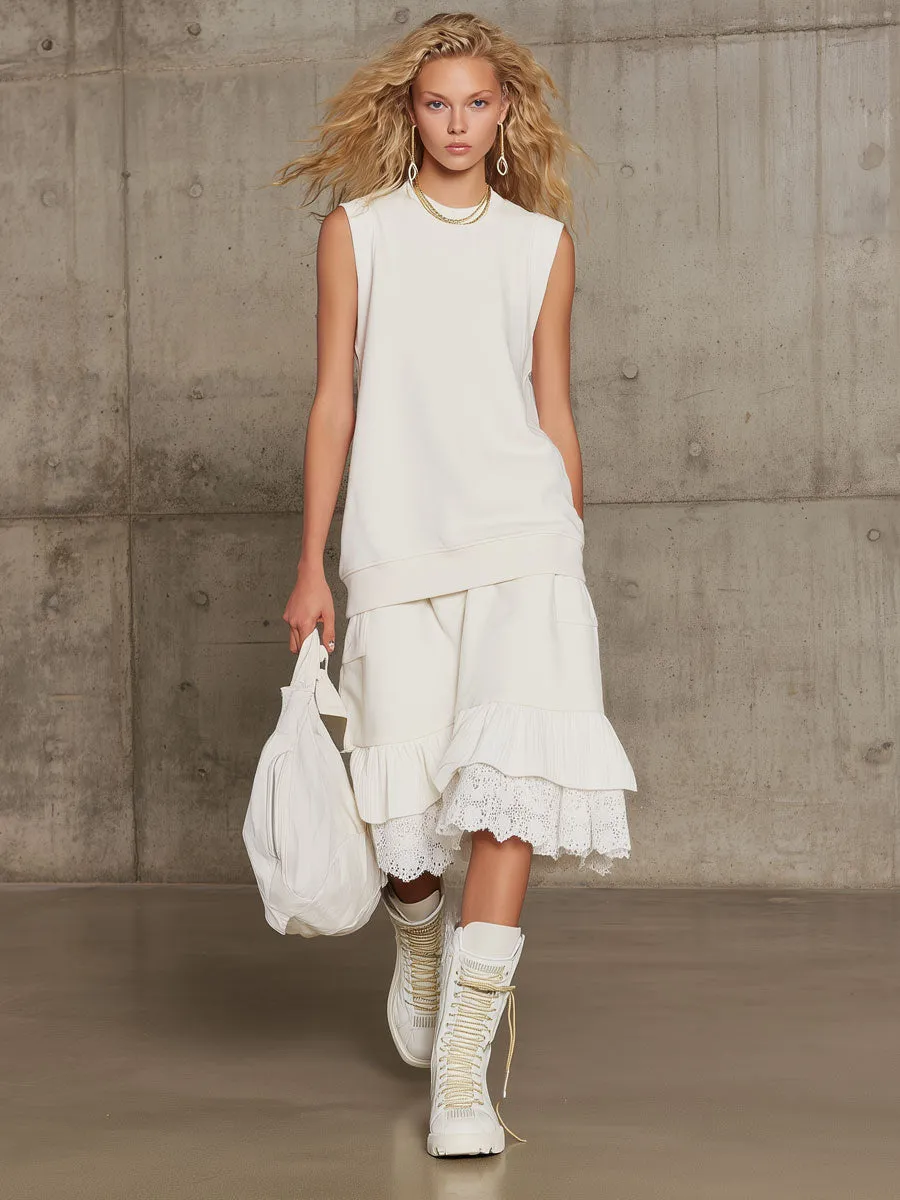 Sporty Retro White Sleeveless Sweatshirt With Lace Ruffled Skirt Set sold by Oyrosy product image thumbnail 2