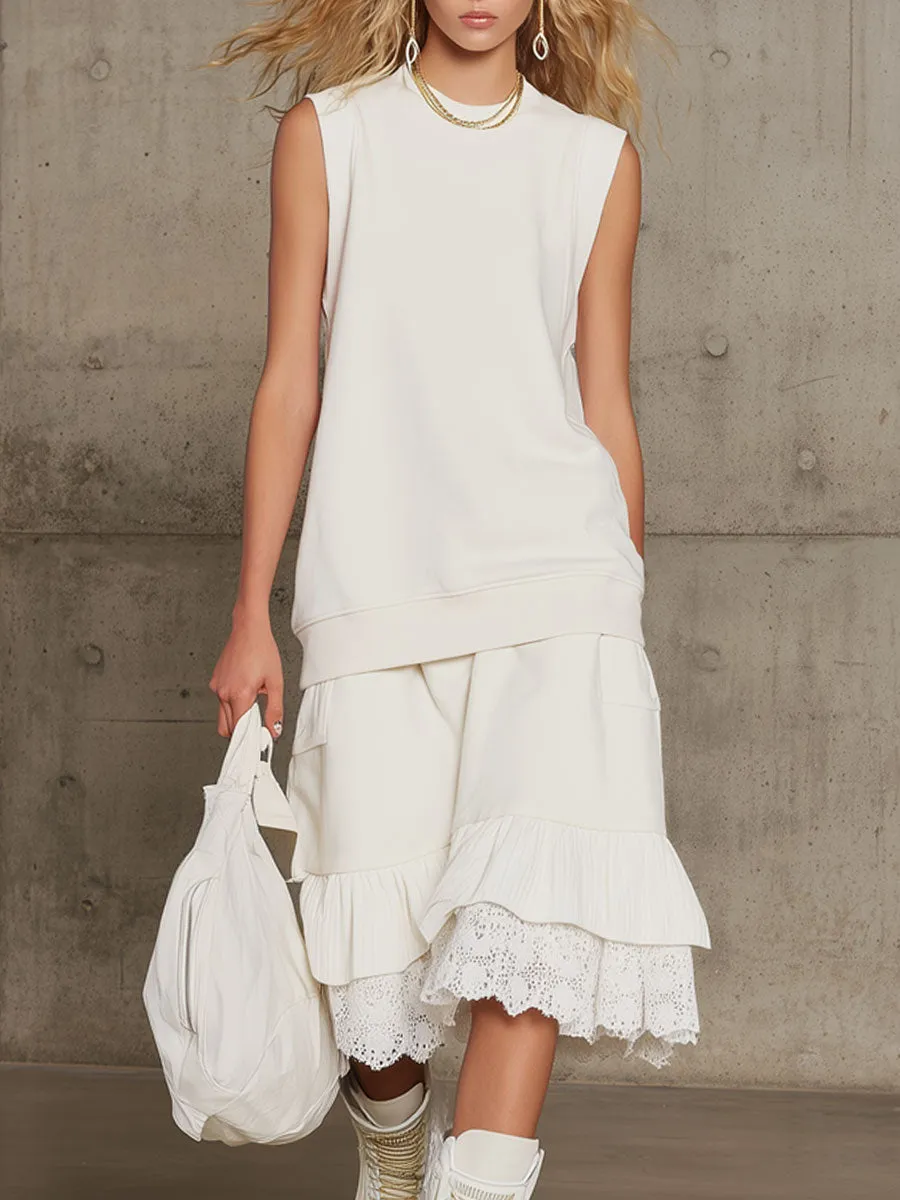 Sporty Retro White Sleeveless Sweatshirt With Lace Ruffled Skirt Set sold by Oyrosy
