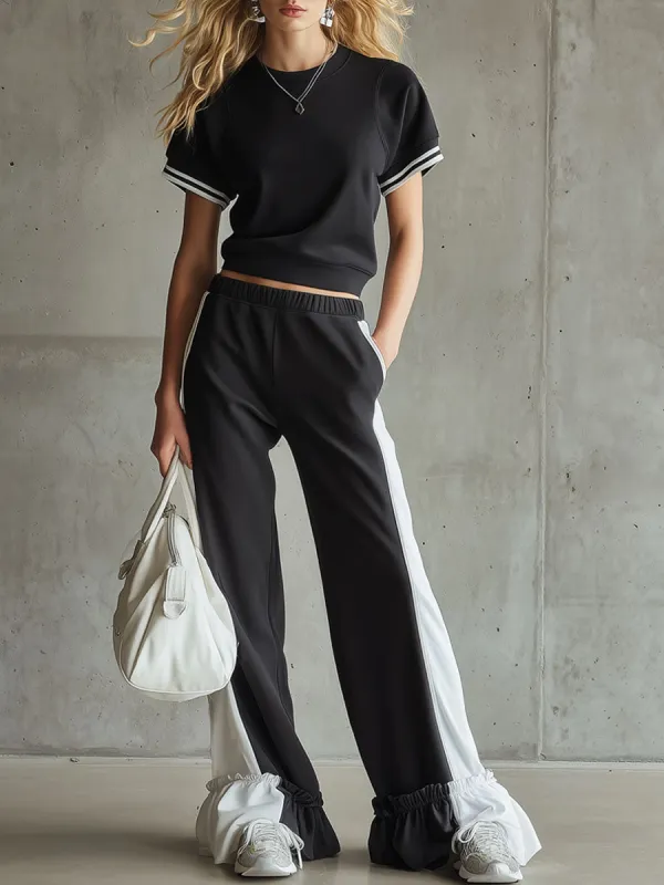 Retro Sporty Black And White Sleeveless Sweatshirt And Ruffled Pants Set sold by Oyrosy