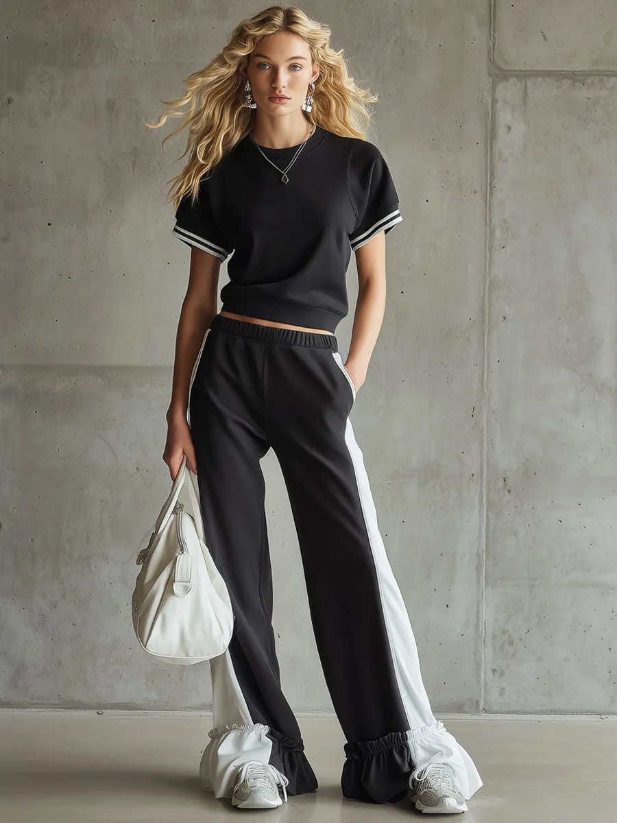 Retro Sporty Black And White Sleeveless Sweatshirt And Ruffled Pants Set sold by Oyrosy product image thumbnail 2