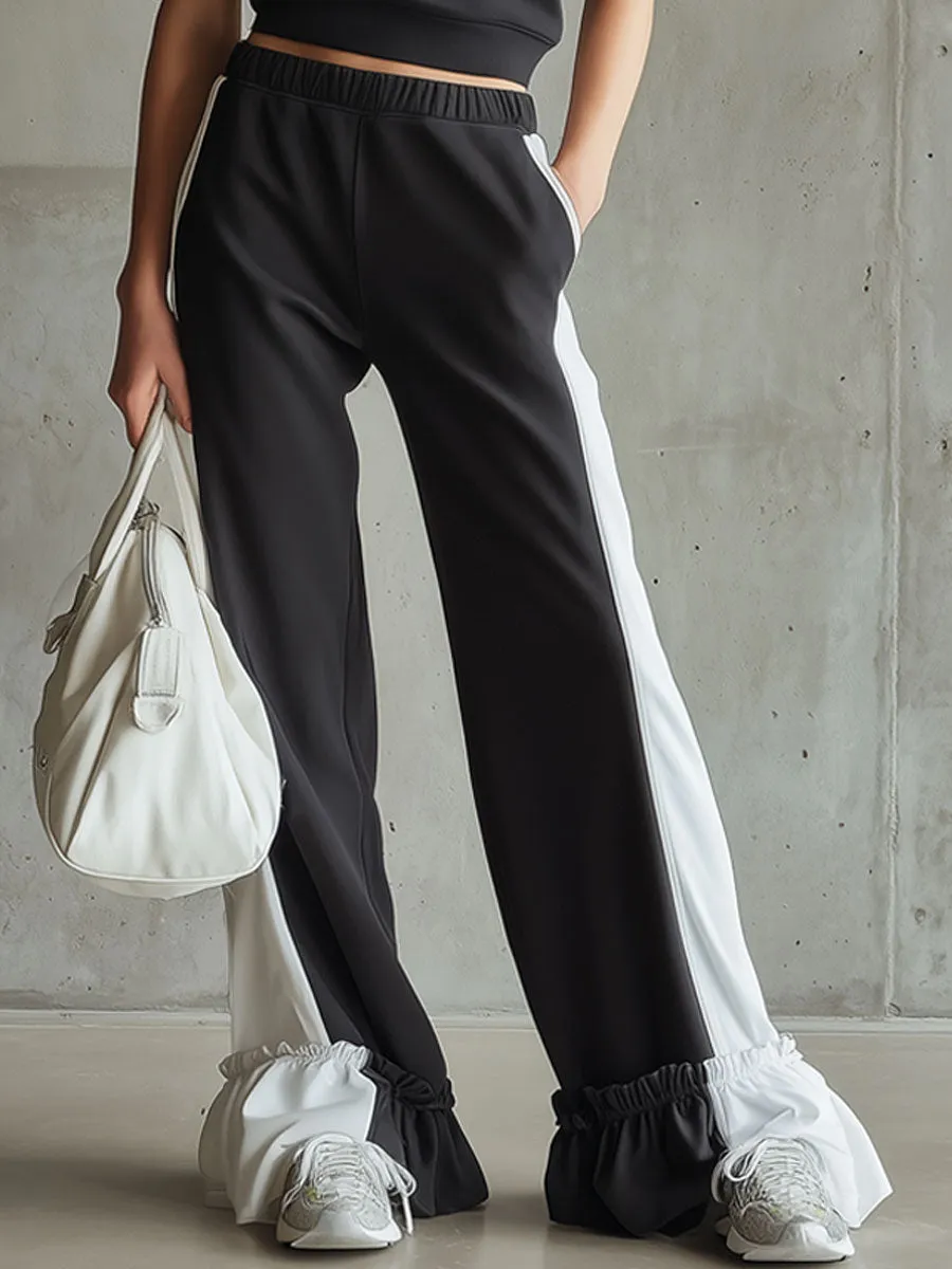 Retro Sporty Black And White Sleeveless Sweatshirt And Ruffled Pants Set sold by Oyrosy product image thumbnail 4