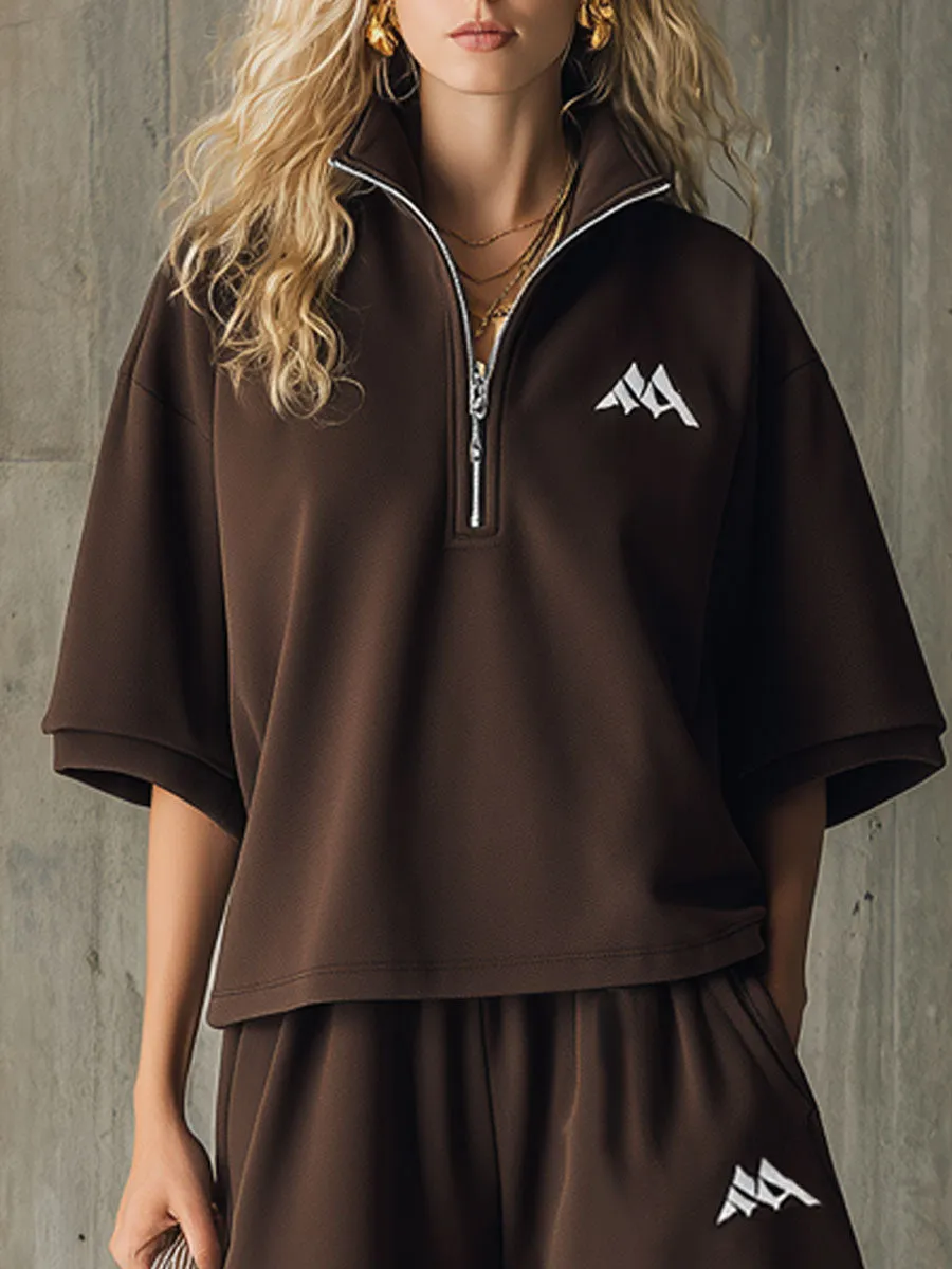 Sporty Retro Embroidered Dark Brown Short-Sleeve Sweatshirt And Shorts Set sold by Oyrosy product image thumbnail 3