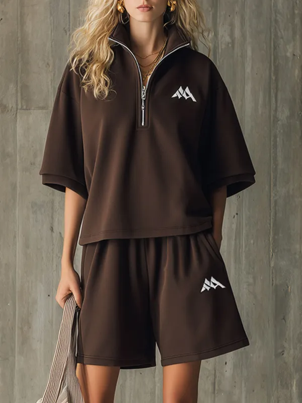 Sporty Retro Embroidered Dark Brown Short-Sleeve Sweatshirt And Shorts Set sold by Oyrosy