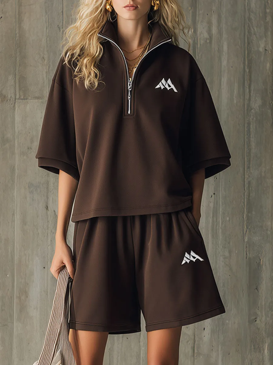 Sporty Retro Embroidered Dark Brown Short-Sleeve Sweatshirt And Shorts Set sold by Oyrosy