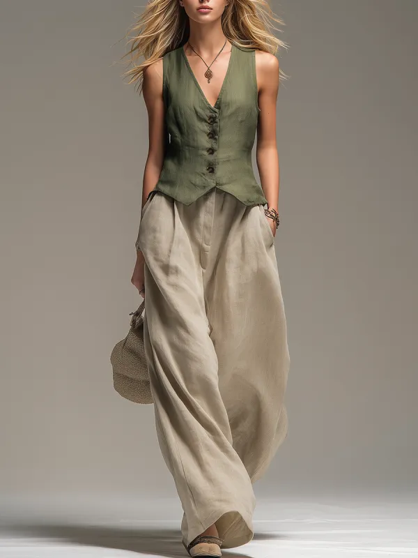 Comfortable And Relaxed V-neck Sleeveless Top And Trousers Set sold by Oyrosy