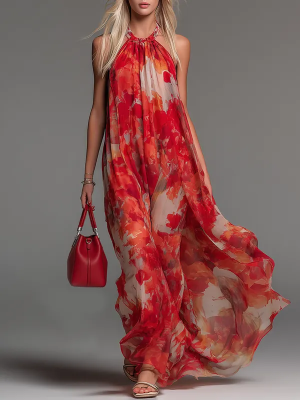 Stylish And Comfortable Halter Neck Sleeveless Printed Chiffon Maxi Dress made by Oyrosy