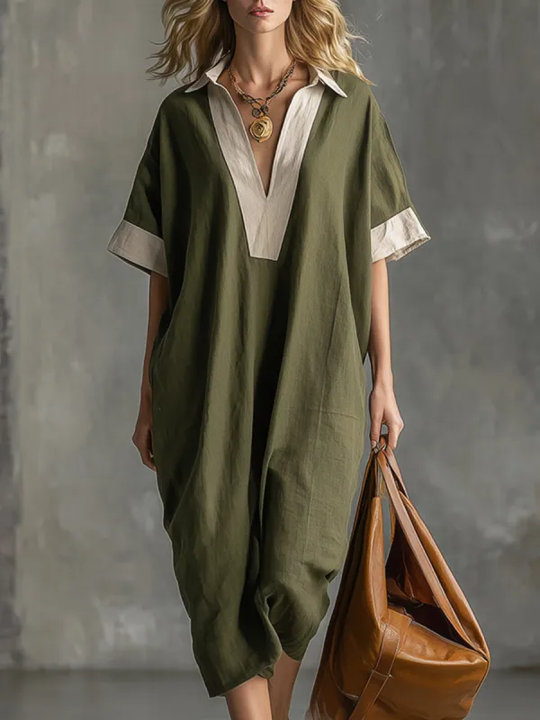 Elegant And Casual Color-blocked Neckline Bean Green Cotton And Linen Short-sleeved Midi Dres sold by Oyrosy