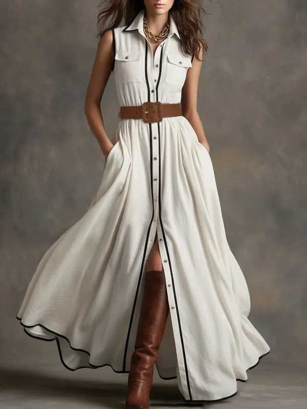 Vintage-style Piped White Cotton And Linen Collared Sleeveless Maxi Dress sold by Oyrosy
