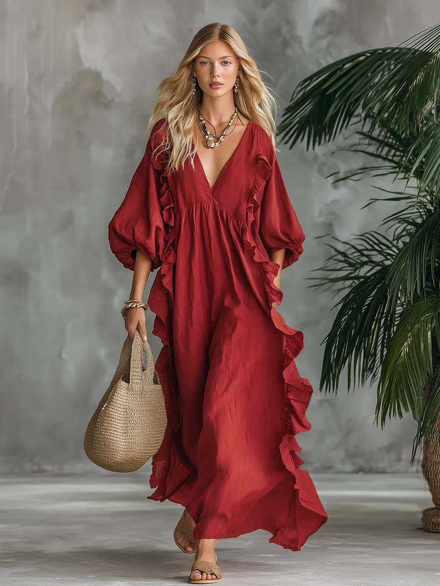 Elegant Retro Vacation V-neck Ruffled Cotton And Linen Maxi Dress sold by Oyrosy product image thumbnail 2