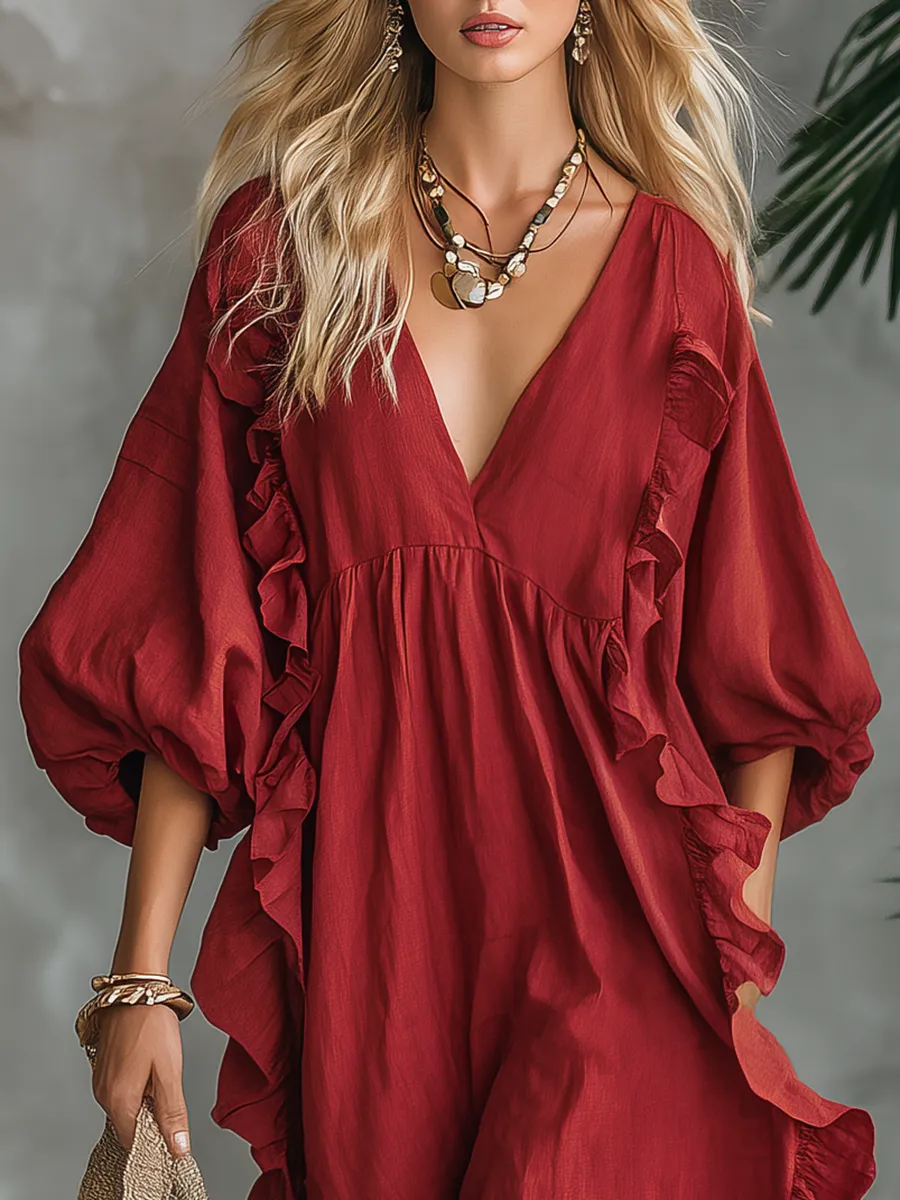 Elegant Retro Vacation V-neck Ruffled Cotton And Linen Maxi Dress sold by Oyrosy product image thumbnail 3