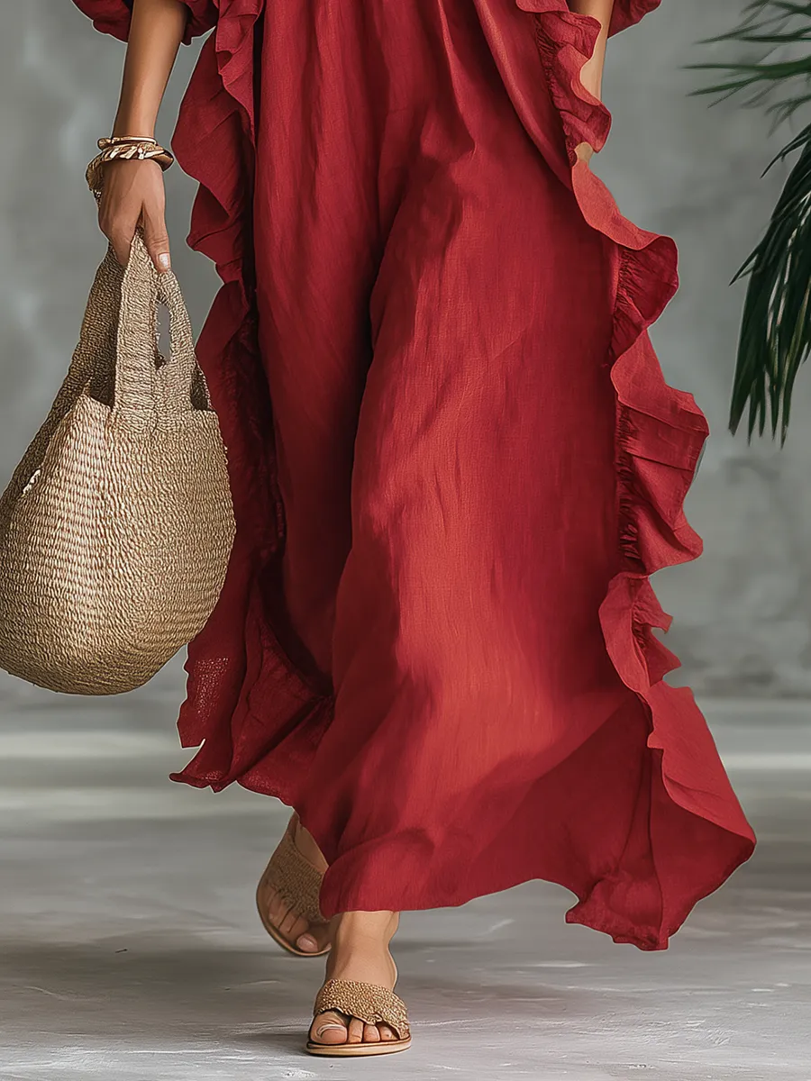 Elegant Retro Vacation V-neck Ruffled Cotton And Linen Maxi Dress sold by Oyrosy product image thumbnail 4