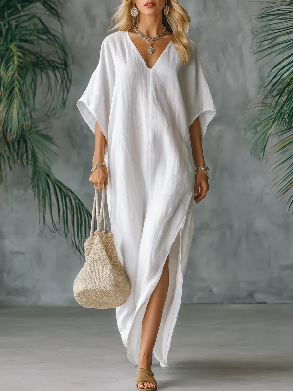 Elegant Vintage V-neck Batwing Sleeve Solid Color Cotton And Linen Maxi Dress sold by Oyrosy