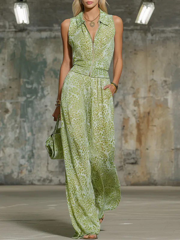 Retro Elegant Leopard Print Lapel Sleeveless Chiffon Top And Wide-leg Pants Set sold by Oyrosy