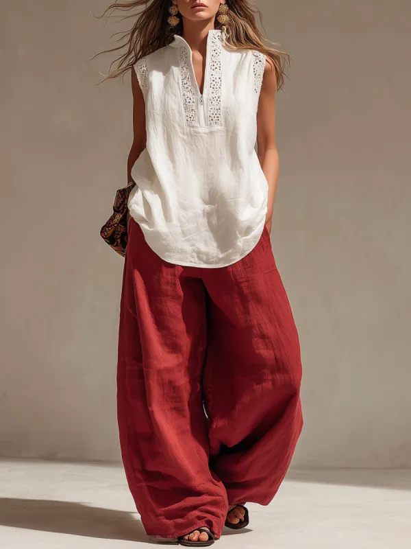 Vacation Retro Lace White Cotton Sleeveless Shirt And Red Pants Set sold by Oyrosy