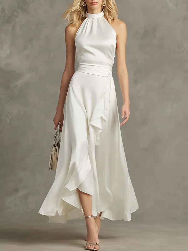 Stylish And Elegant White Satin Sleeveless Top And Skirt Set sold by Oyrosy