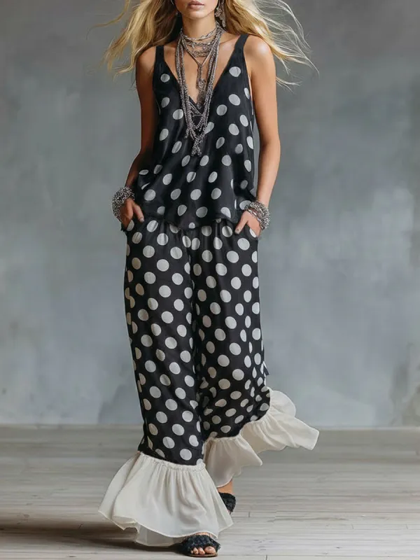 Polka Dot Print Chiffon V-neck Sleeveless Top And Pants Set sold by Oyrosy
